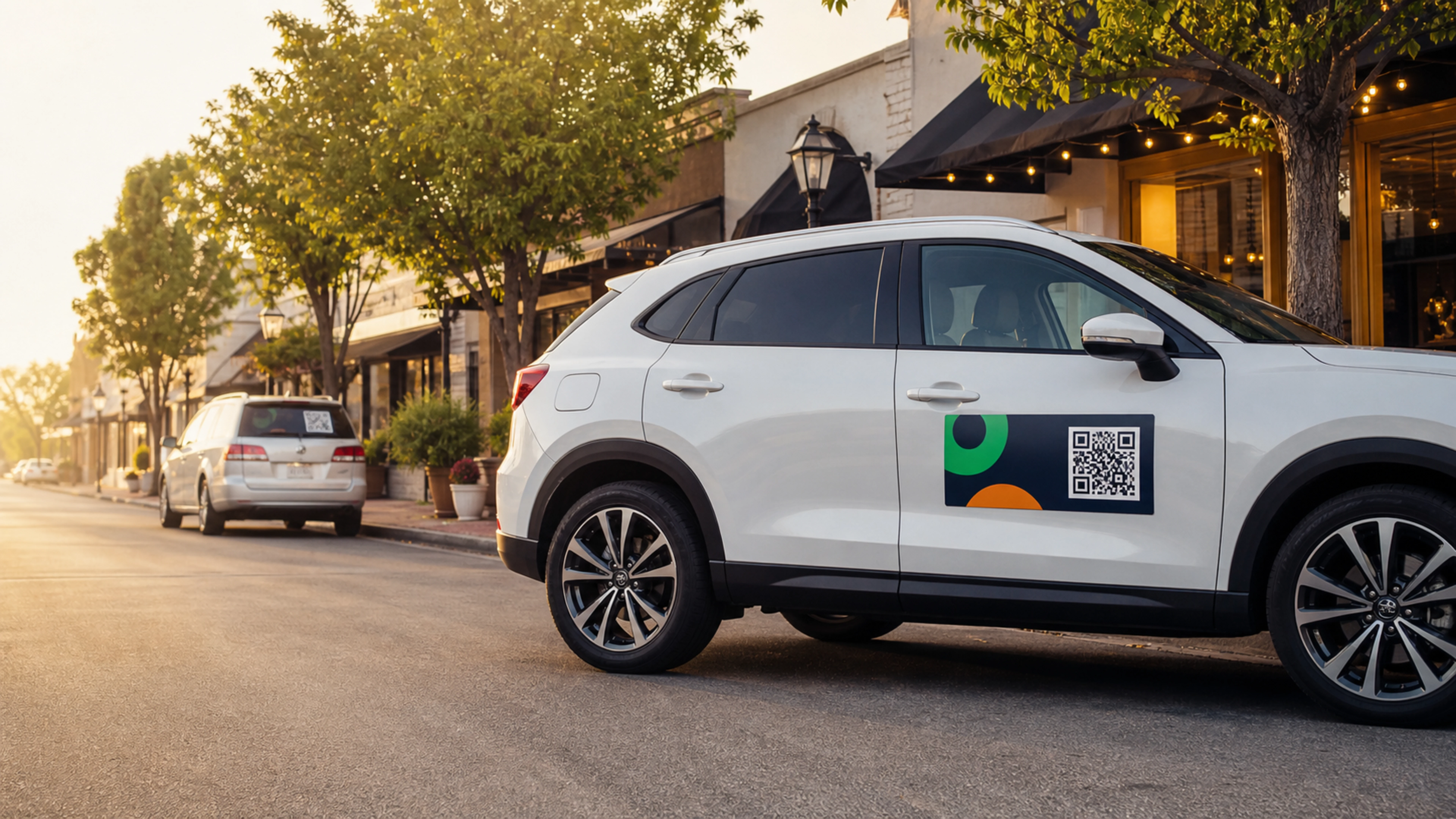Clean local vehicles displaying Journey QR-style car magnets and rear-window QR advertising on a small-town street